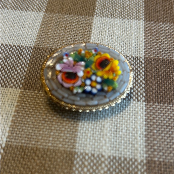 Floral Mosaic Brooch with Gold Plated Accents - Picture 2 of 5